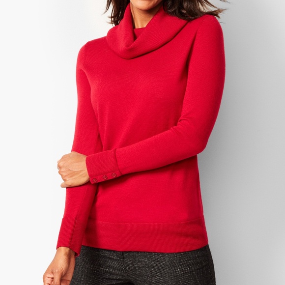 Talbots Sz M Red Pure Merino Wool Cowl Neck‎ Sweater Pullover Stretch - Picture 1 of 9